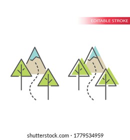 Wanderweg mit Bäumen und Gebirgsvektorsymbol. Outdoor Wandern im Naturumriss, bearbeitbarer Schlaganfall und bunte Füllung.