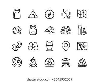 Hiking and Trail Vector Icon Set | Adjustable Line Weight | Backpack, compass, tent, forest, path, map, mountain, location, navigation, outdoor, campfire, travel icons