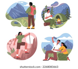 Hiking travel or camping trip set of scenes. Men and women climb mountains, pitching tent and take selfie against background of rocks. Cartoon flat vector collection isolated on white background