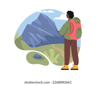 Hiking travel or camping trip. Young male tourist with large backpack on his shoulders goes hiking in mountains. Recreation and relaxation in nature or outdoors. Cartoon flat vector illustration