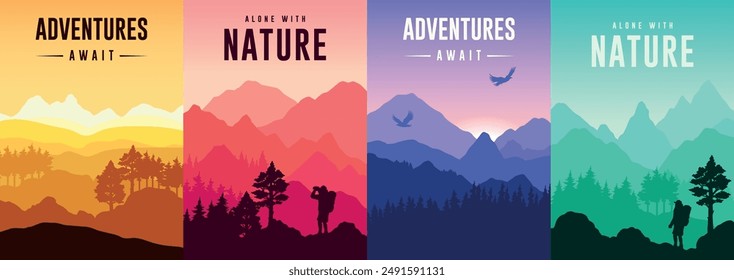 Hiking travel colorful set posters with natural landscapes and words adventures await near silhouette of tourist vector illustration