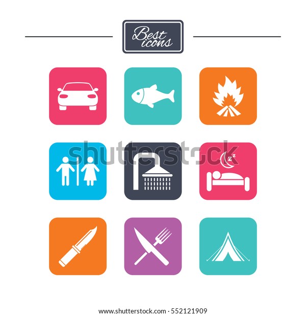 Hiking travel icons. Camping, shower and wc toilet\
signs. Tourist tent, fork and knife symbols. Colorful flat square\
buttons with icons.\
Vector
