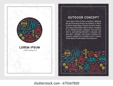 Hiking and travel linear design. Stylish background templates for for cards, posters, banners, prints and outdoor concept. Front and back page. Vector illustration with open paths.