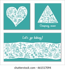 Hiking and travel outdoor concept. Set of vector branding cards with elements in linear style. Love hiking theme for banners, cards, prints, flyers and web design.