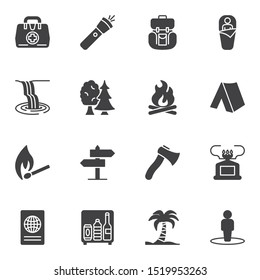 Hiking travel vector icons set, modern solid symbol collection, filled style pictogram pack. Signs, logo illustration. Set includes icons as flashlight, sleeping bag, camping tent, bonfire flame