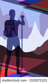 Hiking - Traveler with backpack - abstract mountain landscape - illustration, vector. Pilgrim. Hiking. Travel banner.