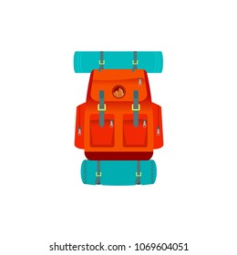 Hiking traveling backpack, backpacking rucksack, trekking knapsack. Baggage equipment cartoon symbol. Camping, forest travel tourism and adventure symbol. Vector isolated illustration.
