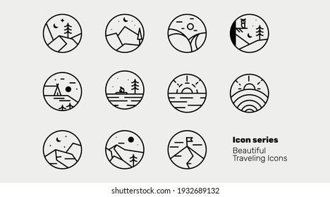 Hiking, traveling, and nature icon illustrations, beautiful and clean lines, trendy direction