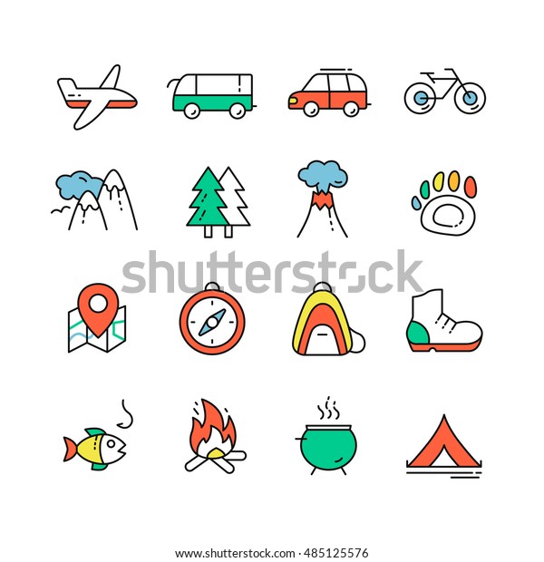 Hiking travelling in the mountains. Set of vector\
line icons