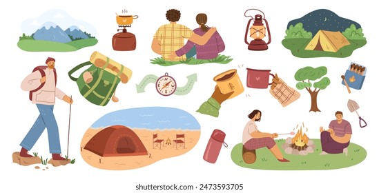 Hiking and trekking activities, fun and leisure. Vector camping in forest and near seaside. Summer travel and picnic stuff. Shovel and thermos, matches in box and gaslamp, stove and compass