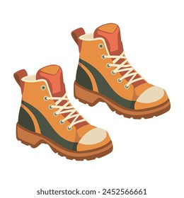 Hiking or trekking boots. Fashion casual walking footwear. Trendy trekking shoes with flat sole and laces. Vector flat hand draw illustration isolated on the white background