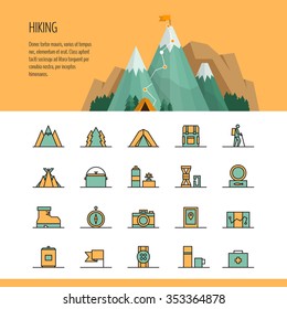 Hiking, trekking and camping header and line icon set. Hiking trail concept, infographics.