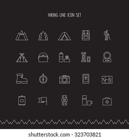 Hiking, trekking and camping line icon set.
