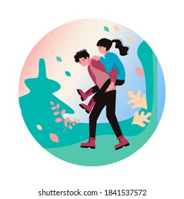 Hiking trekking and camping in nature Social Media Story highlight icon. Happy man and woman backpackers hikers travel together. Flat Art Vector Illustration