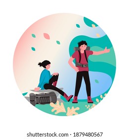 Hiking trekking and camping in nature Social Media Story highlight icon. Happy man and woman backpackers hikers travel together. Flat Art Vector Illustration