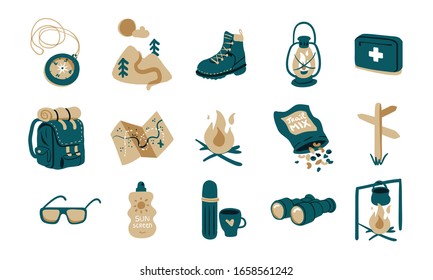 Hiking, trekking or camping objects or gear illustrations set