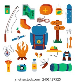 Hiking, trekking or camping objects. Tourism and adventure accessories - backpack, map, fire, compass and others. Outdoor recreation elements. Perfect for kids camp flyers, posters, tags, sticker kit.