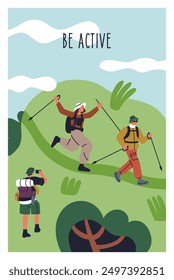 Hiking and trekking card. Summer adventure, travel poster. Tourism, backpacking, vertical background. Happy hikers, backpackers, tourists on active outdoor journey, nature. Flat vector illustration
