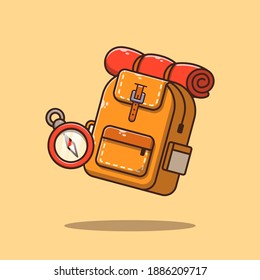 Hiking or Trekking Equipment Backpack and Compass. Travel and Sports Icon. Flat Cartoon Vector Illustration Isolated.