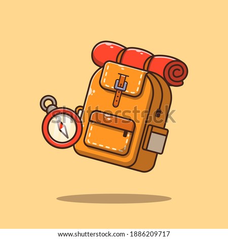 Hiking or Trekking Equipment Backpack and Compass. Travel and Sports Icon. Flat Cartoon Vector Illustration Isolated.