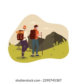 hiking and trekking hiker illustration design concept. Illustration for website, landing page, mobile app, poster and banner. Trendy flat vector illustration