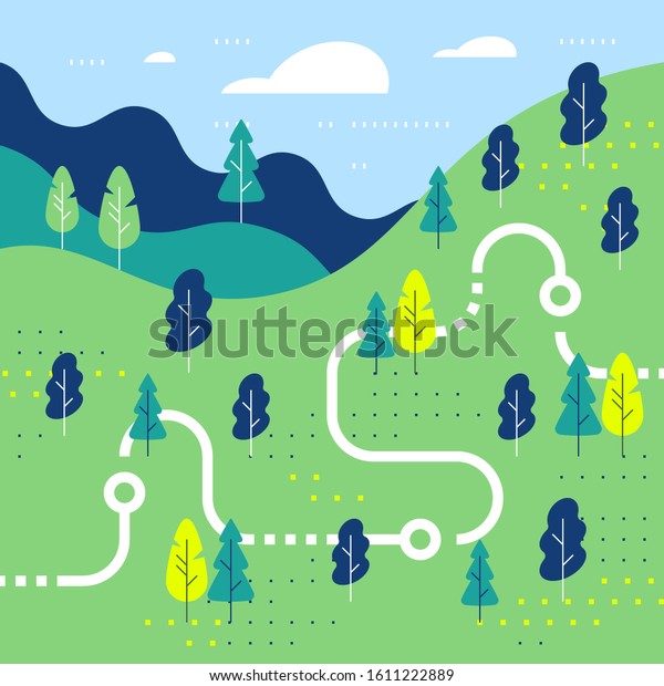 Hiking or trekking map, forest trail,\
running or cycling path, orienteering game, lush landscape with\
hills and trees, ecological environment, summer park camp, vector\
flat design\
illustration