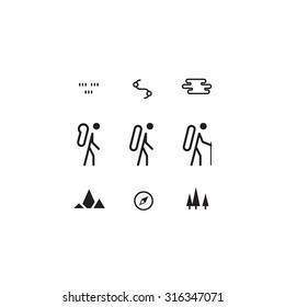 Hiking and trekking, outdoor hike, porter man, person with backpack, nordic walking, sport orienteering, vector icon set