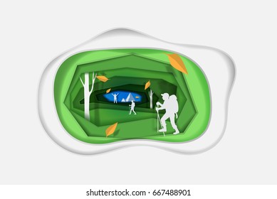hiking and trekking paper art vector paper cut cute art illustration