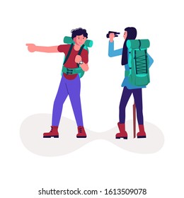 Hiking trekking people. Happy man and woman backpackers hikers travel together, look through binoculars and show direction. Adventure and camping in nature. Flat Art Vector Illustration
