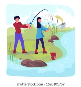 Hiking trekking people. Happy man and woman backpackers hikers travel together and fish in the lake. Adventure and camping in nature. Flat Art Vector Illustration