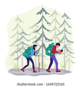 Hiking trekking people. Happy man and woman backpackers hikers travel together and using navigator in a conifer forest. Adventure and camping in nature. Flat Art Vector Illustration