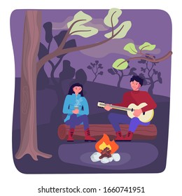 Hiking trekking people. Happy man and woman backpackers hikers travel together, sit around campfire and play the guitar and bask at bonfire. Adventure and camping. Flat Art Vector Illustration