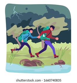 Hiking trekking people. Male and female backpackers hikers travel together, caught in the rain and run away from thunder and lightning. Adventure and camping. Flat Art Vector Illustration