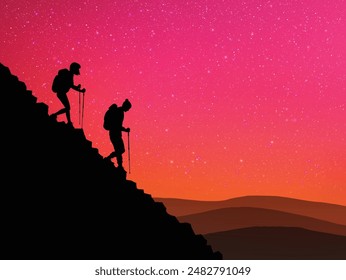 Senderismo con bastones de trekking. Paseo en pareja en la cordillera. Noche estrellada