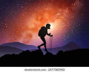 Hiking with trekking poles. Woman walk at mountain range. Starry night