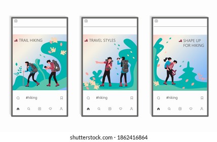 Hiking trekking social media concepts set. Screen user interface kit for backpackers vacation in forest. Flat Art Vector Illustration