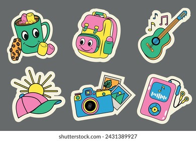 Hiking Trekking Stickers Y2k style, symbols and icons of tourist equipment. Cap, Guitar, Backpack, Camera, Player, Mug. Symbols of tourism, travel, adventure. 80s-90s comic style camping 