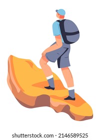 Hiking and trekking summer activities and hobbies. Isolated male character with bag walking on mountains peak or summit. Exploring nature and ranges. Strolling and resting. Vector in flat style