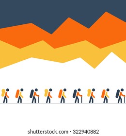 Hiking and trekking team in the mountains walking in line, nordic walking. Group of people on a hike or expedition, alpinism, vector flat illustration