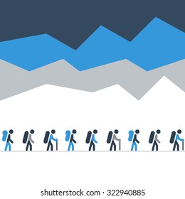 Hiking and trekking team in the mountains walking in line, nordic walking. Group of people on a hike or expedition, alpinism, vector flat illustration