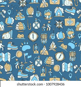 Hiking and trekking travel seamless pattern. Endless repeatable background with cartooning traveling elements about camping, vacation and wild life. Woods, forest and outdoor adventure background
