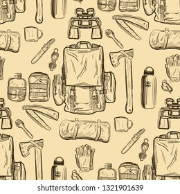 Hiking and trekking travel seamless pattern. Endless repeatable background with cartooning traveling elements about camping, vacation and wild life. Woods, forest and outdoor adventure background