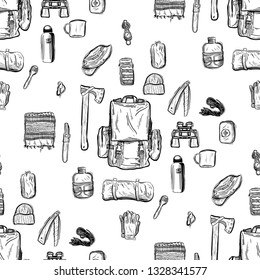 Hiking and trekking travel seamless pattern. Endless repeatable background with cartooning traveling elements about camping, vacation and wild life. Woods, forest and outdoor adventure background