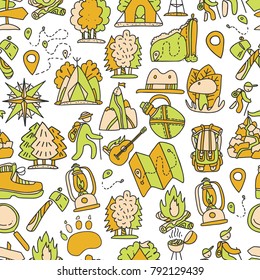 Hiking and trekking travel seamless pattern. Endless repeatable background with cartooning traveling elements about camping, vacation and wild life. Woods, forest and outdoor adventure background