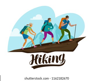 Hiking trip, climbing. People climb the mountain. Cartoon vector illustration