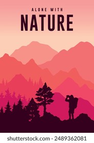 Hiking trip colorful vintage sticker with silhouette of tourist looking through binoculars while standing near mountain landscape vector illustration