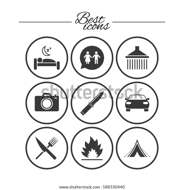 Hiking trip icons. Camping, shower and wc toilet\
signs. Tourist tent, fork and knife symbols. Classic simple flat\
icons. Vector