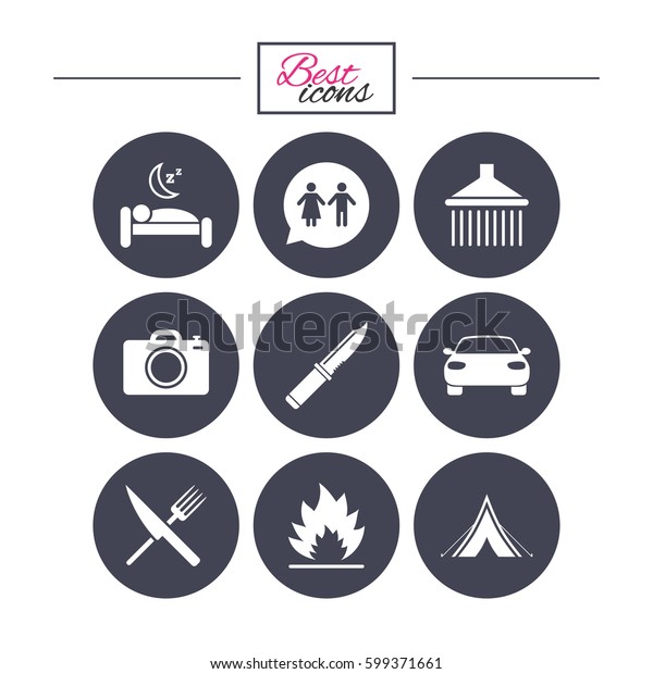 Hiking trip icons. Camping, shower and wc toilet\
signs. Tourist tent, fork and knife symbols. Classic simple flat\
icons. Vector