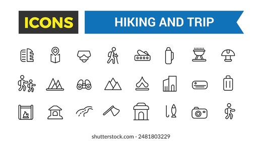 Hiking and Trip icons collection. Outline icons pack. Editable vector line icon set and illustration for web and UI application.