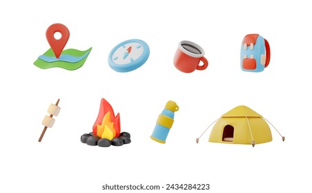 Hiking trip. Set of 3D vector equipment elements: tent, backpack, mug, map, fire, thermos, compass. 3D collection for the design of the essentials for a hike on an isolated background.